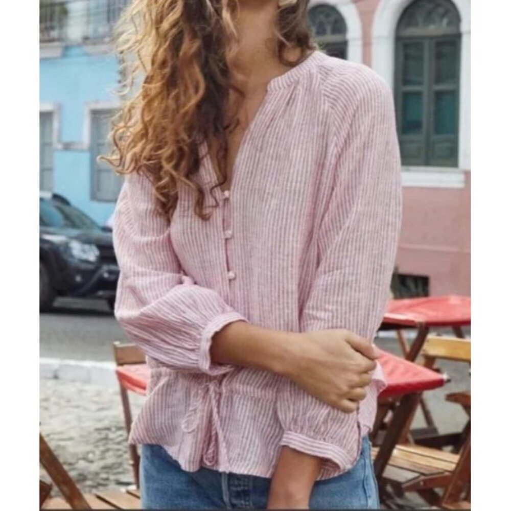 Rails White Red Marti Scarlet Linen Blend Striped Split Neck Womens Blouse Top M